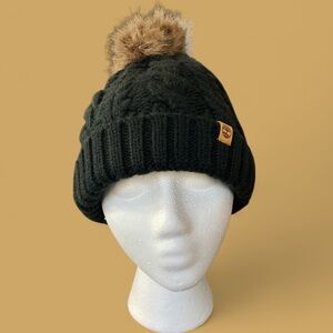Timberland Black Cable Knit Lined Hat w/Faux Fur Pom Pom & Turn Back Cuff EUC